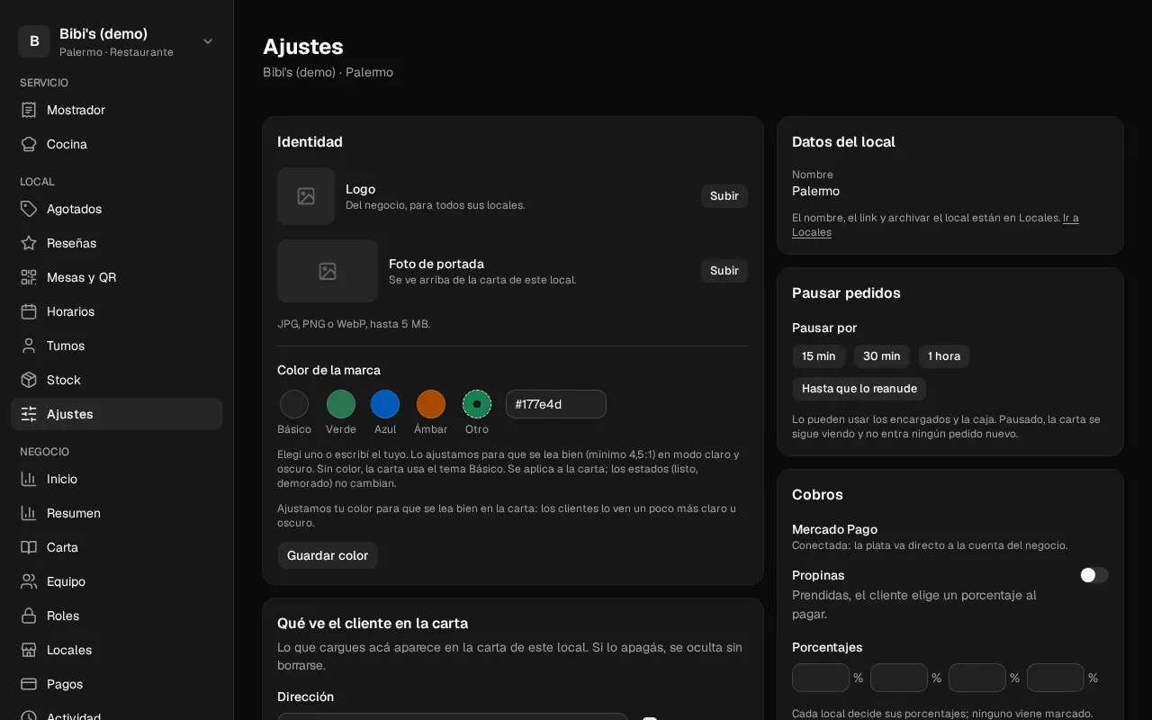 Así se ve en el panel: Ajustes del local