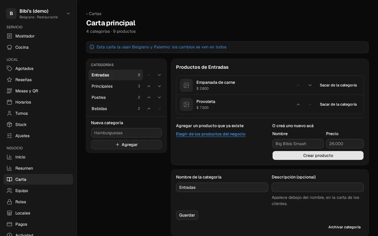 Así se ve en el panel: Cartas y categorías