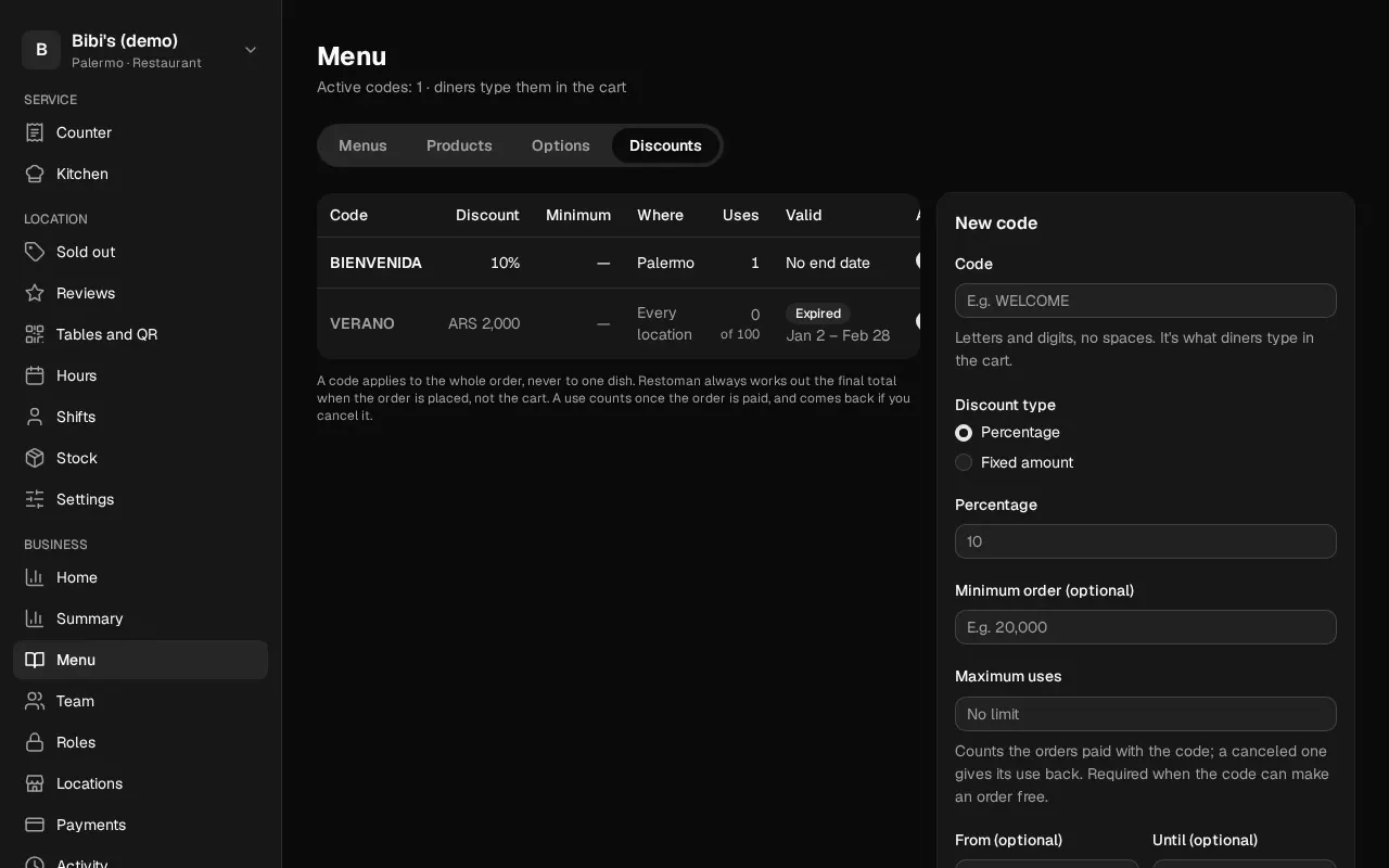 How it looks in the dashboard: Promo codes