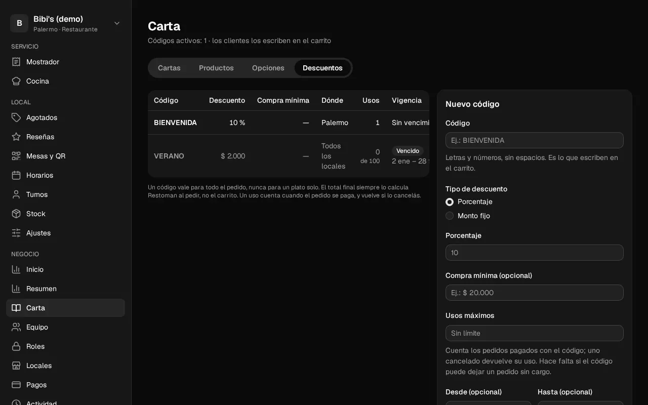 Así se ve en el panel: Descuentos