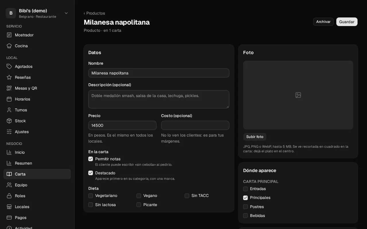 Así se ve en el panel: Fotos de productos