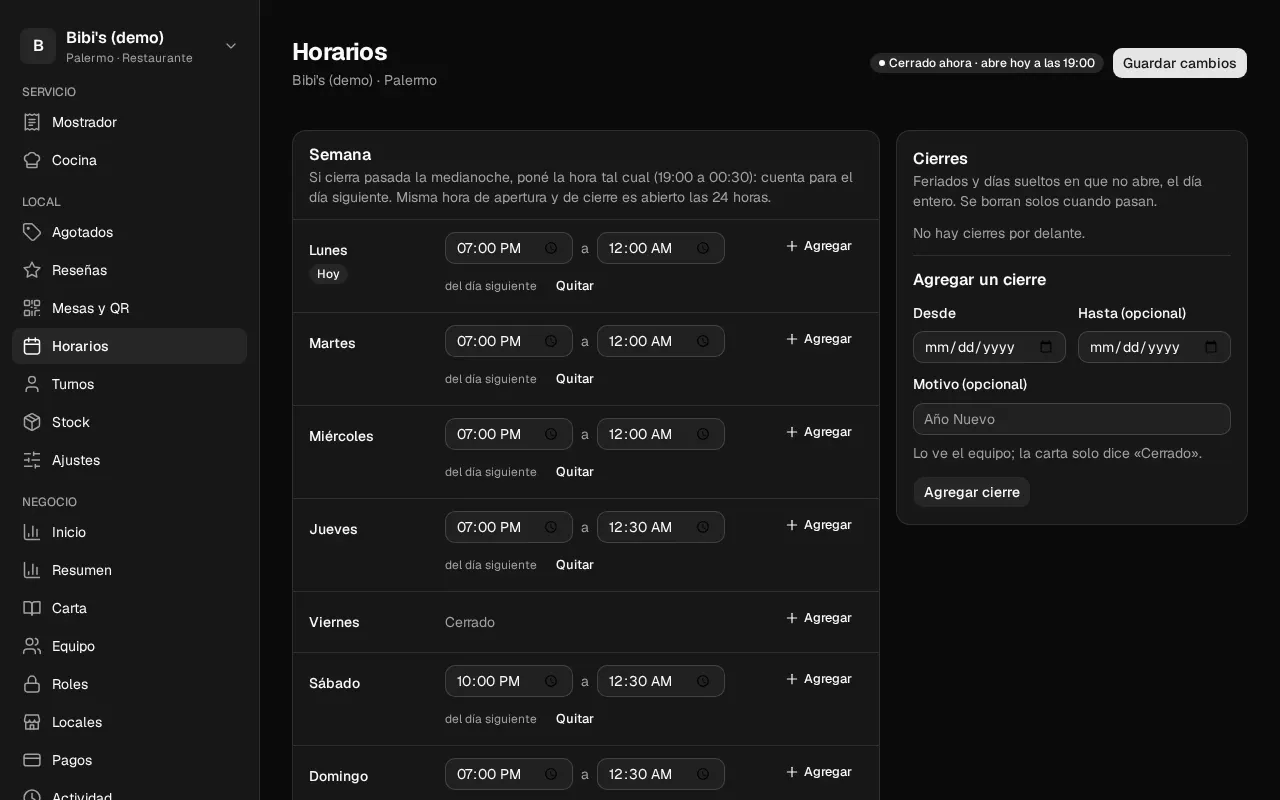 Así se ve en el panel: Horario de atención