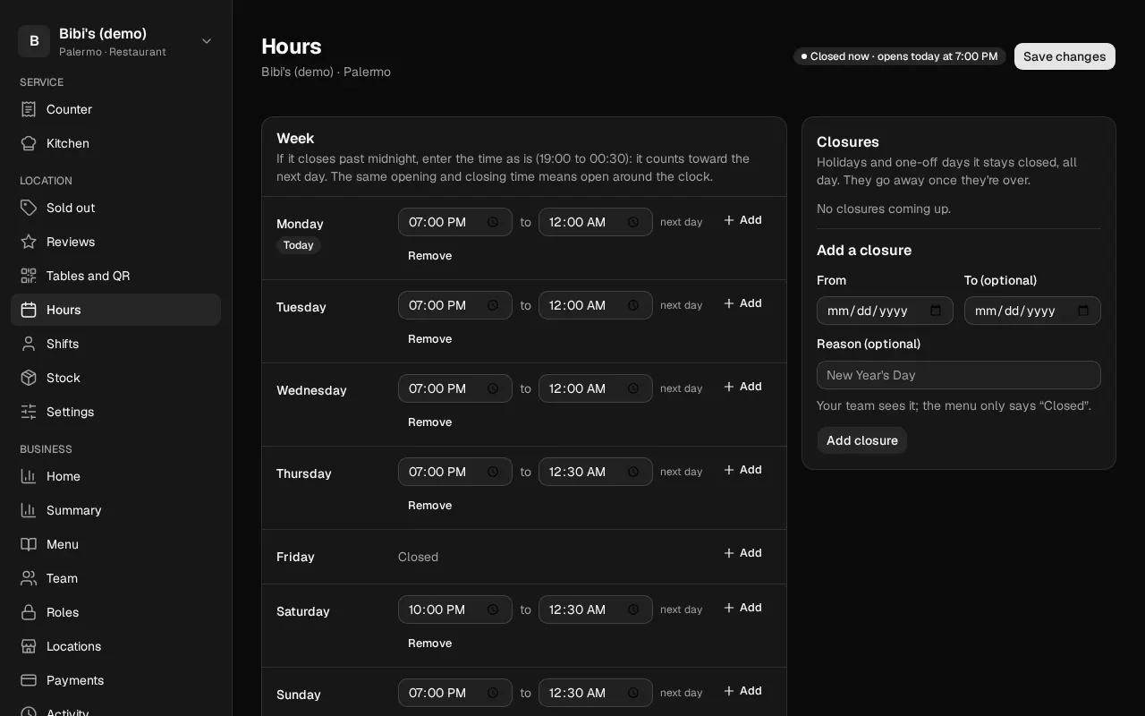How it looks in the dashboard: Opening hours