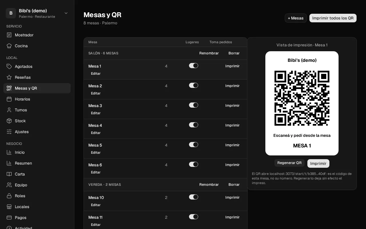 Así se ve en el panel: Mesas y QR