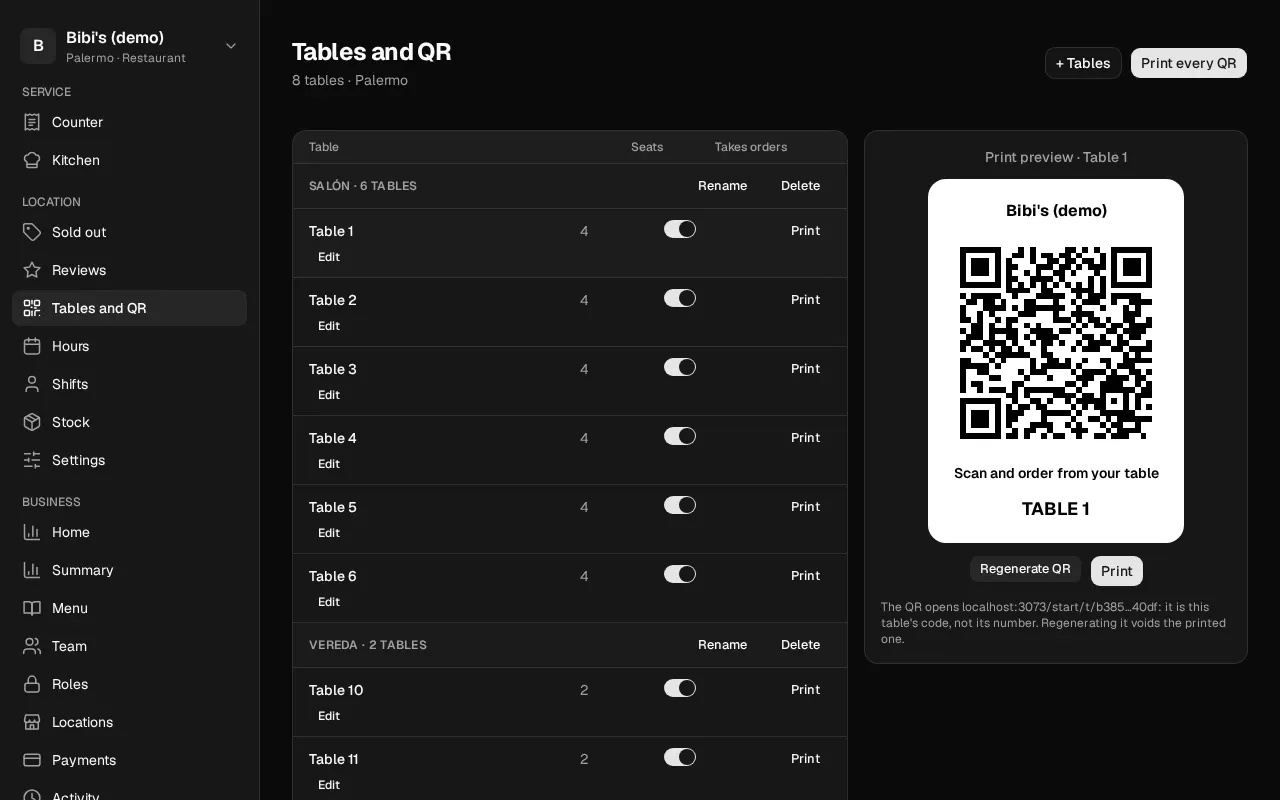 How it looks in the dashboard: Tables and QR