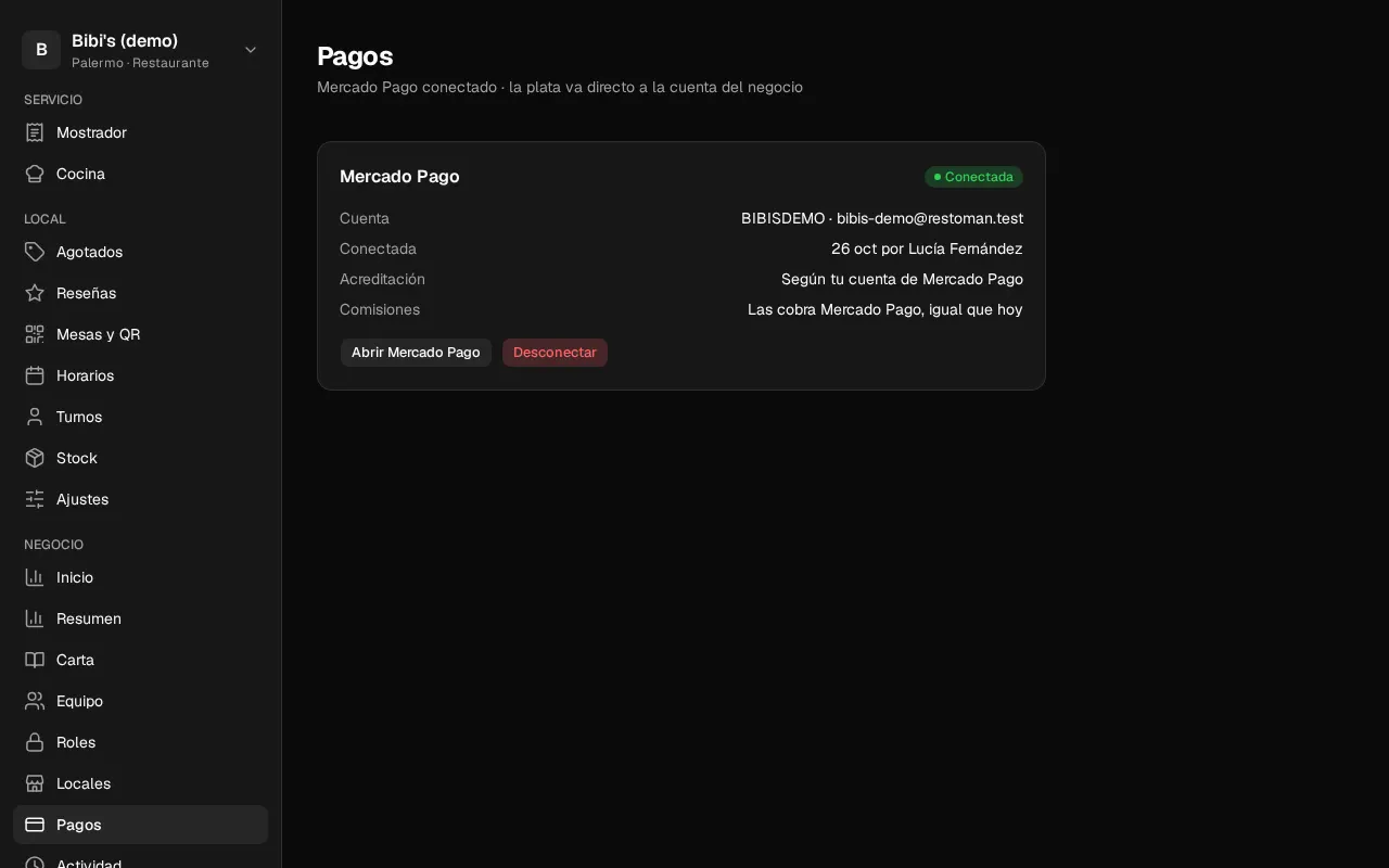 Así se ve en el panel: Conectar Mercado Pago