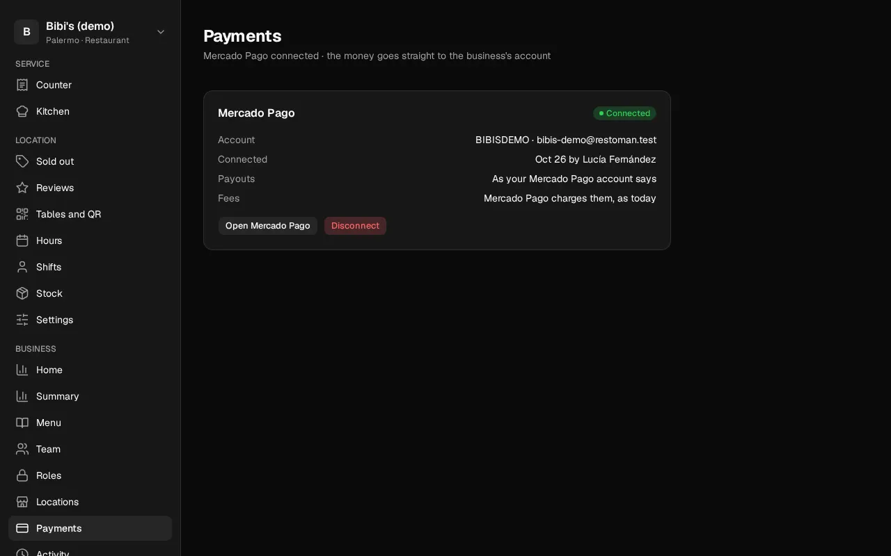 How it looks in the dashboard: Connecting Mercado Pago
