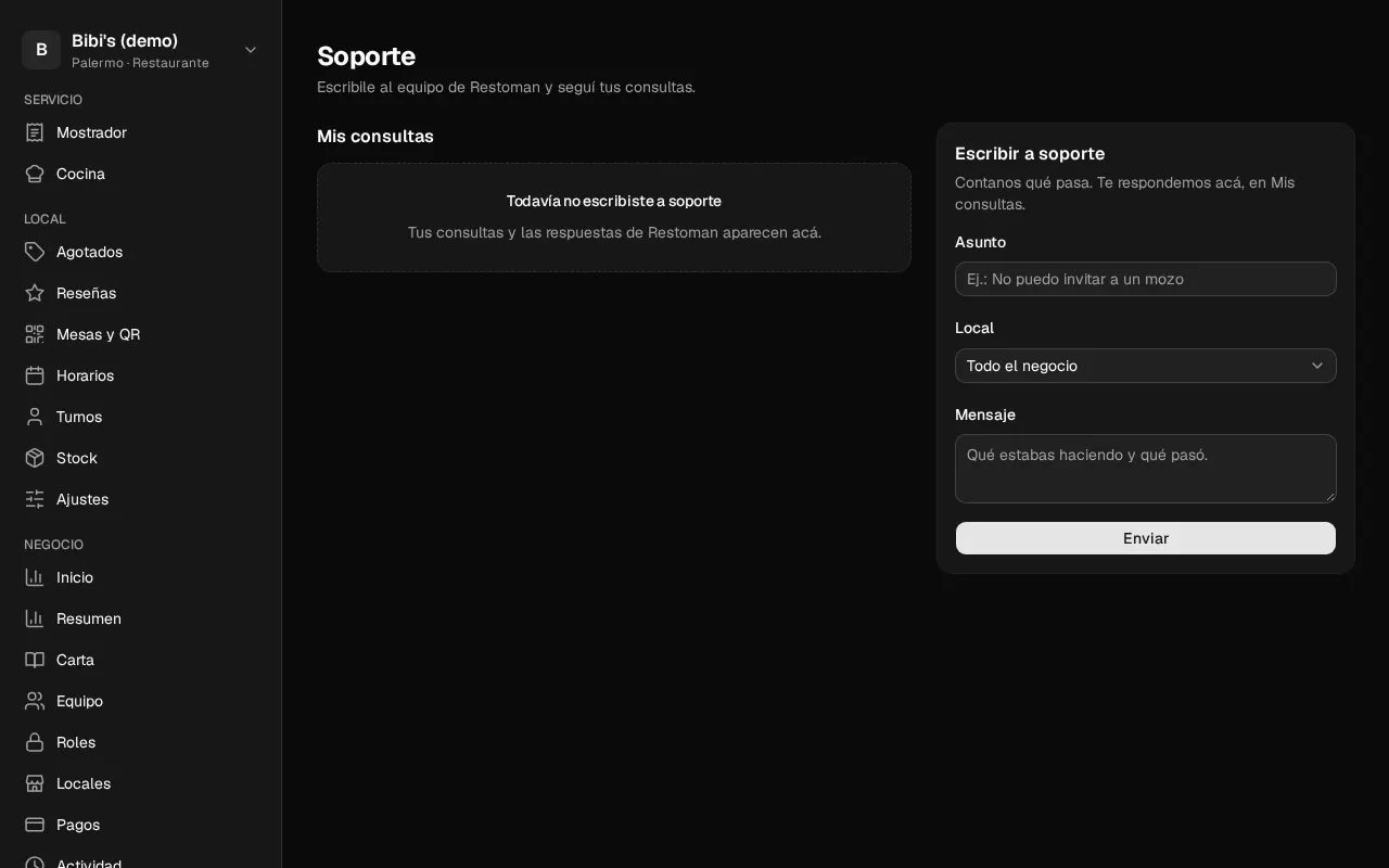 Así se ve en el panel: Escribir a soporte